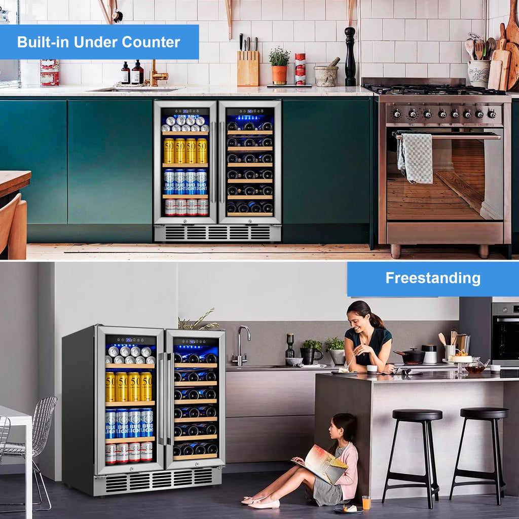 24" Dual Zone Wine and Beverage Refrigerator, Under Counter with Glass Door