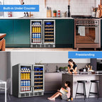 24" Dual Zone Wine and Beverage Refrigerator, Under Counter with Glass Door