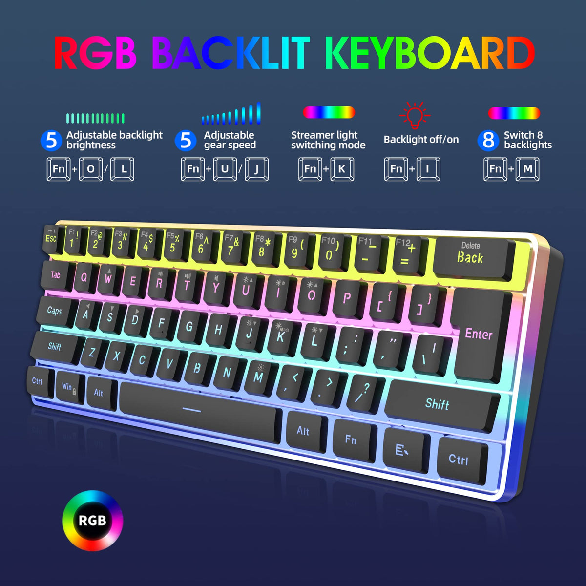 Snpurdiri 60% Wired Mechanical Gaming Keyboard, Ice Blue LED Backlit 61 Keys Mini Wired Office Keyboard for Windows Laptop PC Mac (Black-White, Red Switches)