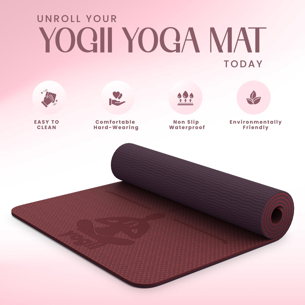 Yogii Yoga Mat - Non-Slip 6mm Thick TPE & Travel-friendly Yoga Mat - Perfect for Home & Gym Exercise Fitness & Pilates - With Laser Alignment Guides for Men & Women