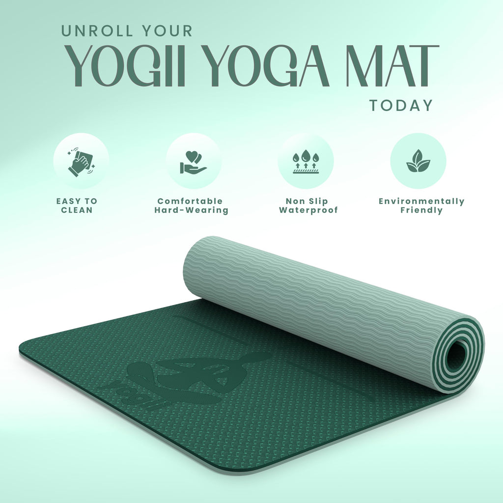 Yogii Yoga Mat - Non-Slip 6mm Thick TPE & Travel-friendly Yoga Mat - Perfect for Home & Gym Exercise Fitness & Pilates - With Laser Alignment Guides for Men & Women
