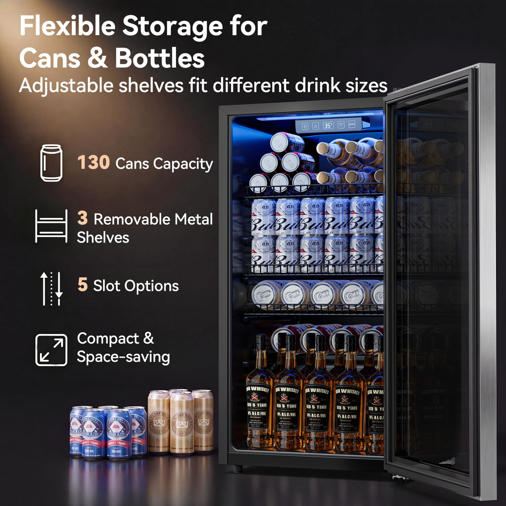 2.5 Cu.Ft Beverage Fridge, Glass Door Mini Fridge, Silver, 96 Can
