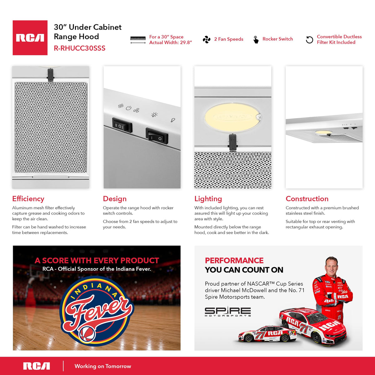 RCA R-RHUCC30SWH 30 in. Century Collection Ductless Under Cabinet Range Hood, Reusable Filter, Rocker Switch, Light, White