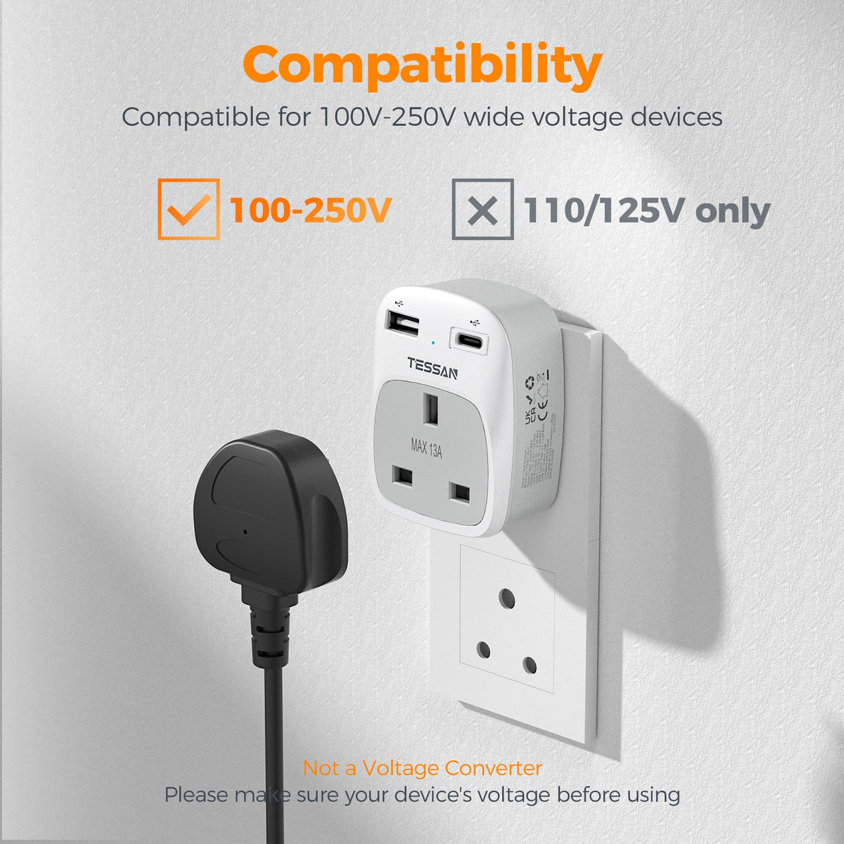 TESSAN UK to South Africa Plug Adapter, Type M Travel Adapter with USB C