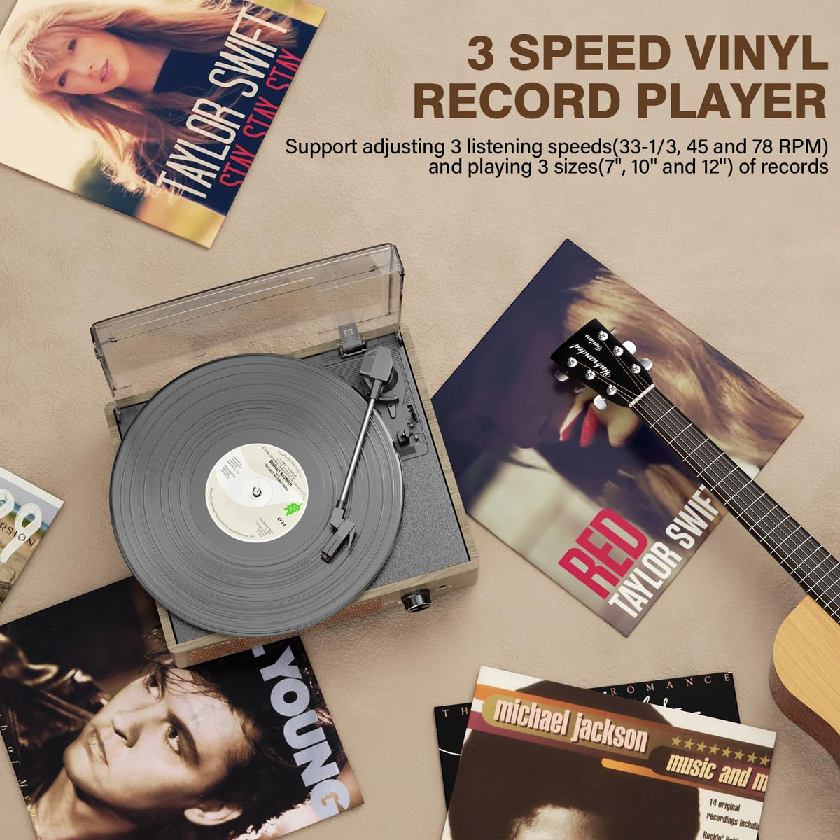 Vinyl Record Player Turntable with Built-in Bluetooth Receiver & 2 Stereo Speakers, 3 Speed 3 Size Portable Retro Record Player for Entertainment and Home Decoration