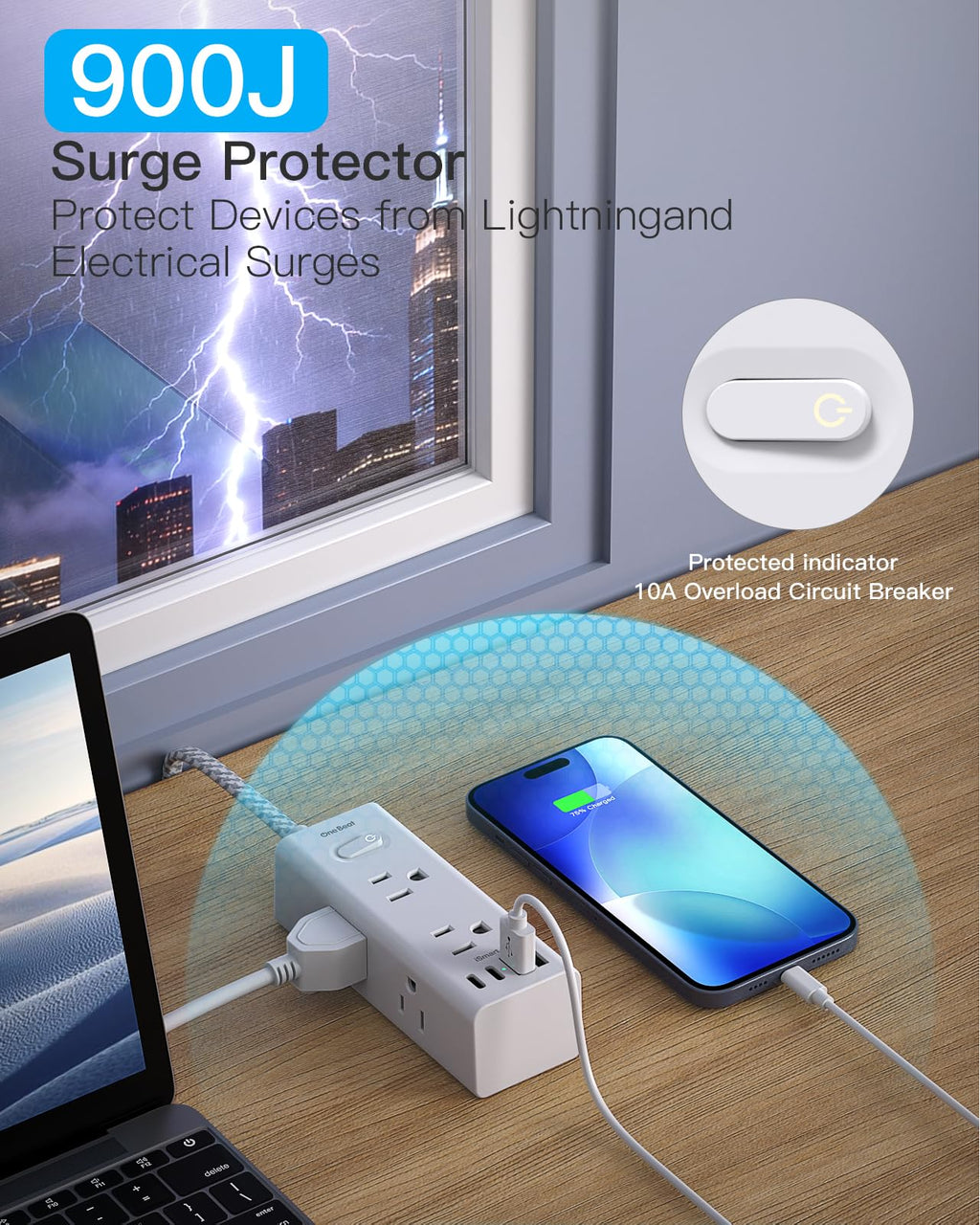 One Beat Surge Protector Power Strip, 5 Ft Flat Plug Extension Cord, 900J