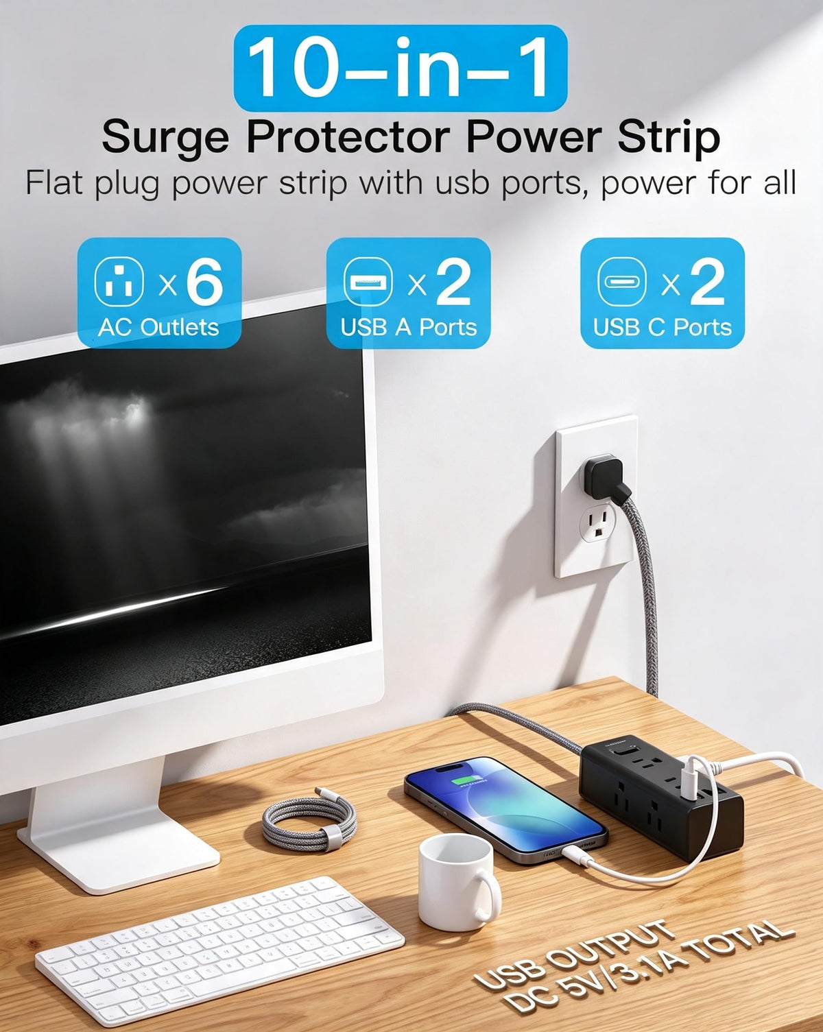 One Beat Surge Protector Power Strip, 5 Ft Flat Plug Extension Cord, 900J