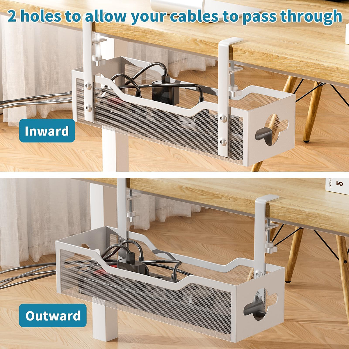 Under Desk Cable Management Tray 2 Pack, No Drill Cable Organizer With Clamp for Standing Desk, Easy to Install Cord Management System, No Damage Wire Organizer