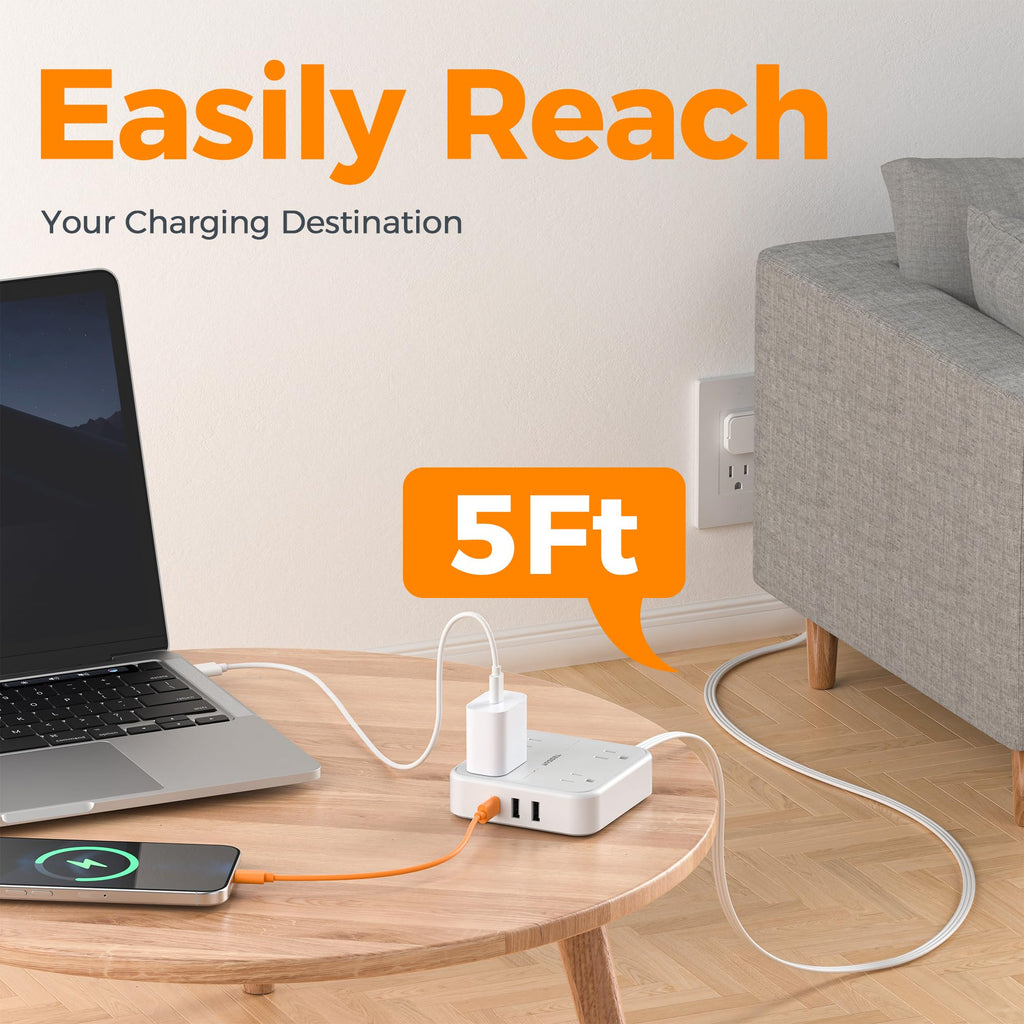 TESSAN PD 20W Surge Protector Extension Cord 5Ft, Flat Plug Power Strip