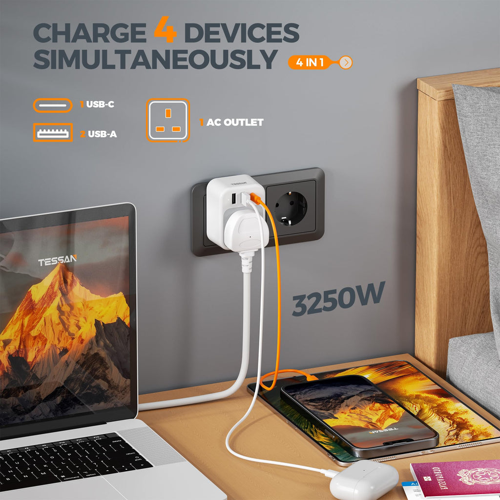 TESSAN UK to US Plug Adaptor 2 Pack, Type B USA Travel Adapter with USB C