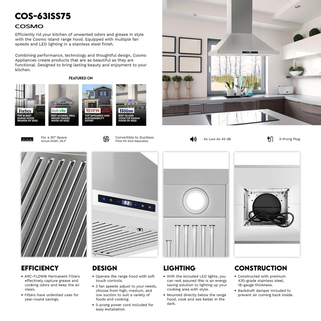30 in. Lumin Coll 380 CFM Ducted Island Range Hood, LED, Stainless Steel