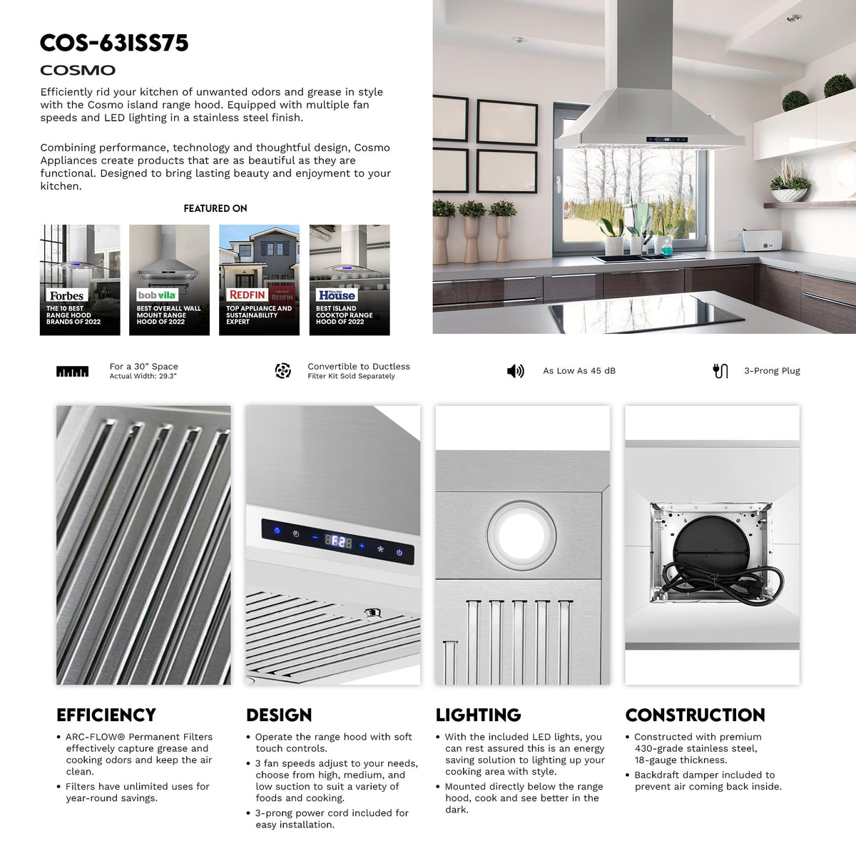 30 in. Lumin Coll 380 CFM Ducted Island Range Hood, LED, Stainless Steel