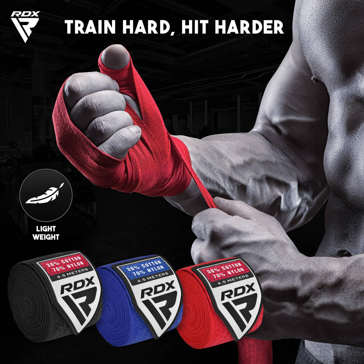 RDX Boxing Hand Wraps 4.5M / 180 Inches – Mexican Style Semi-Elastic MMA Inner Gloves - Wrist Support for Muay Thai, Kickboxing, BJJ, Karate - Thumb Loop & Hook and Loop Closure - Cotton & Nylon Blend