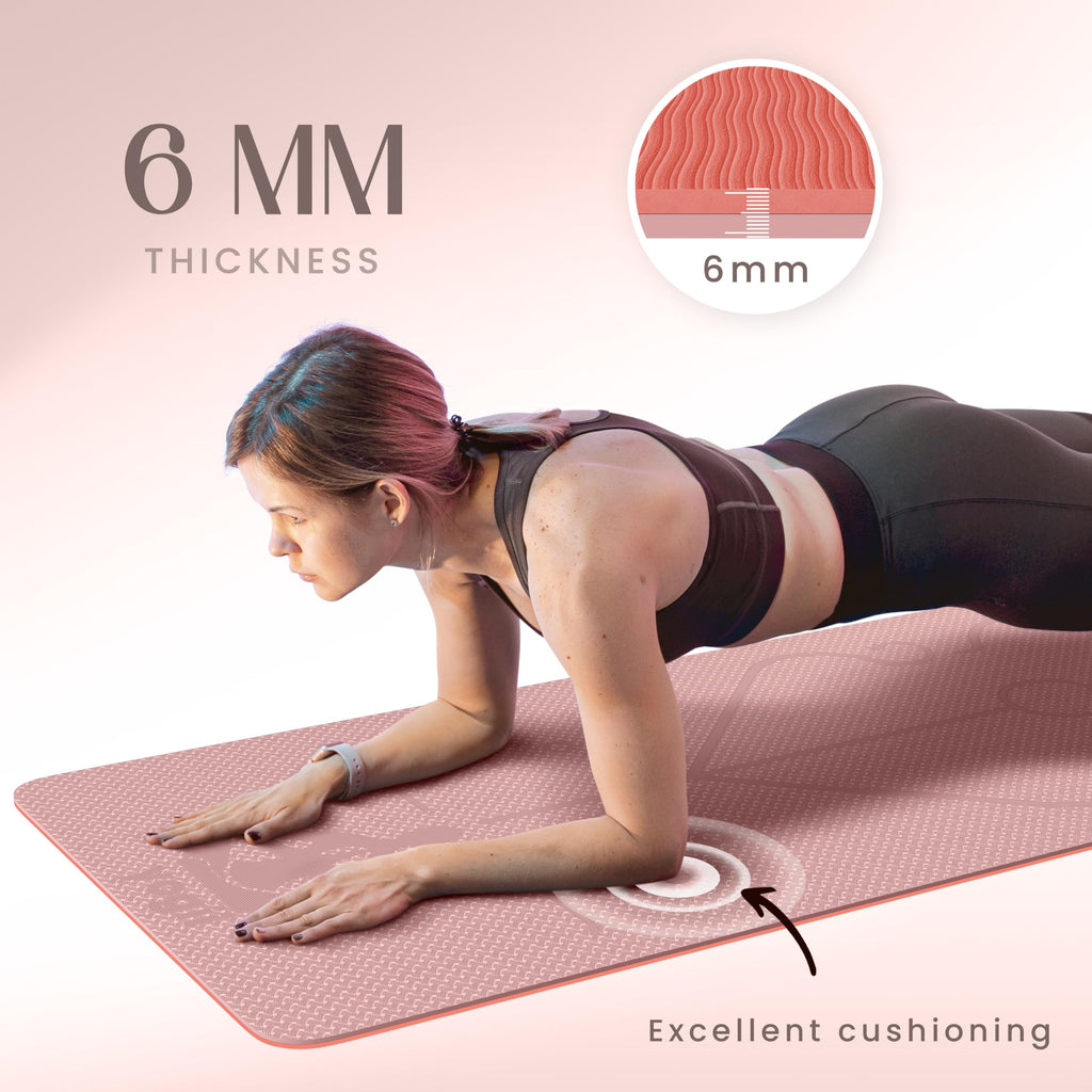 Yogii Yoga Mat - Non-Slip 6mm Thick TPE & Travel-friendly Yoga Mat - Perfect for Home & Gym Exercise Fitness & Pilates - With Laser Alignment Guides for Men & Women