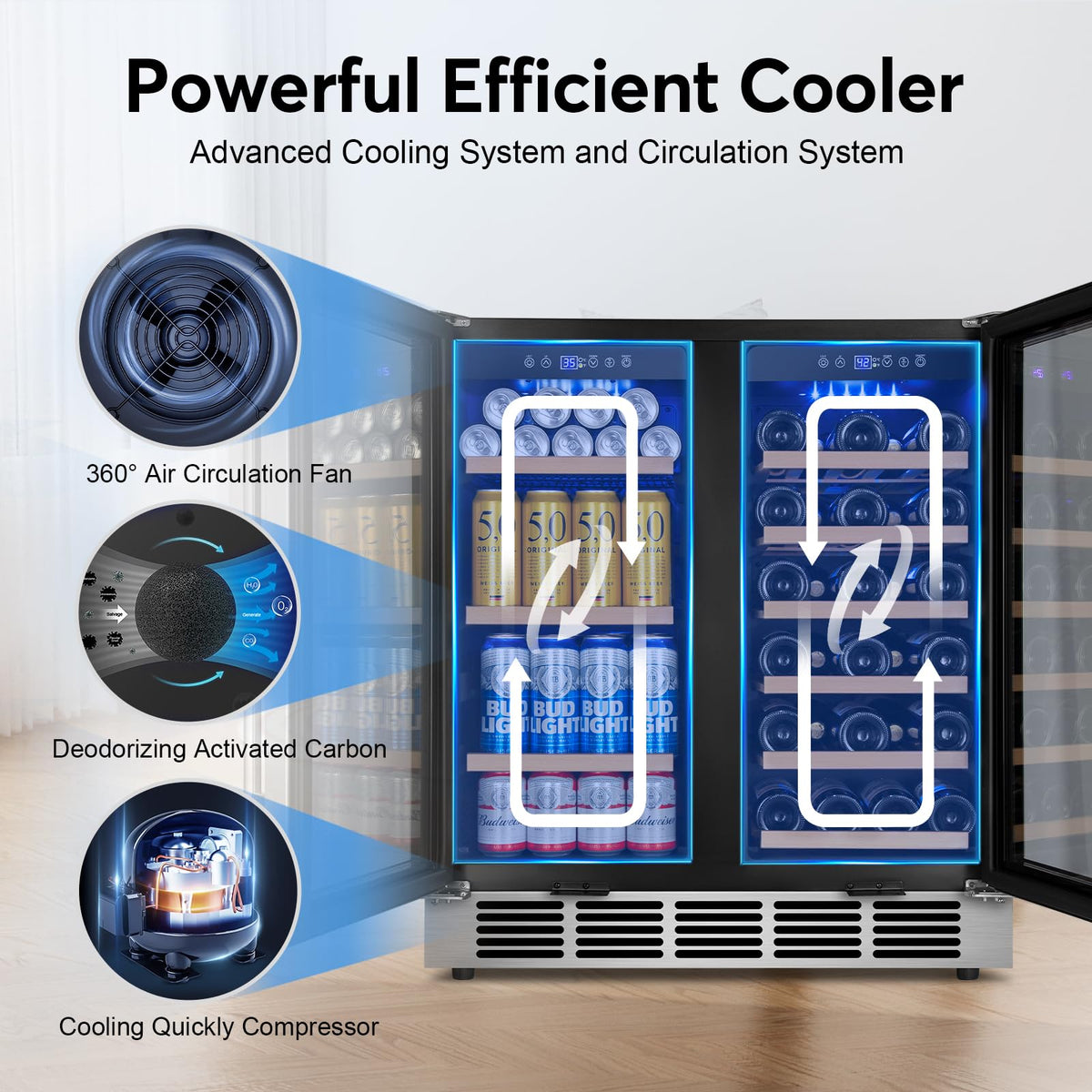 24" Dual Zone Wine and Beverage Refrigerator, Under Counter with Glass Door