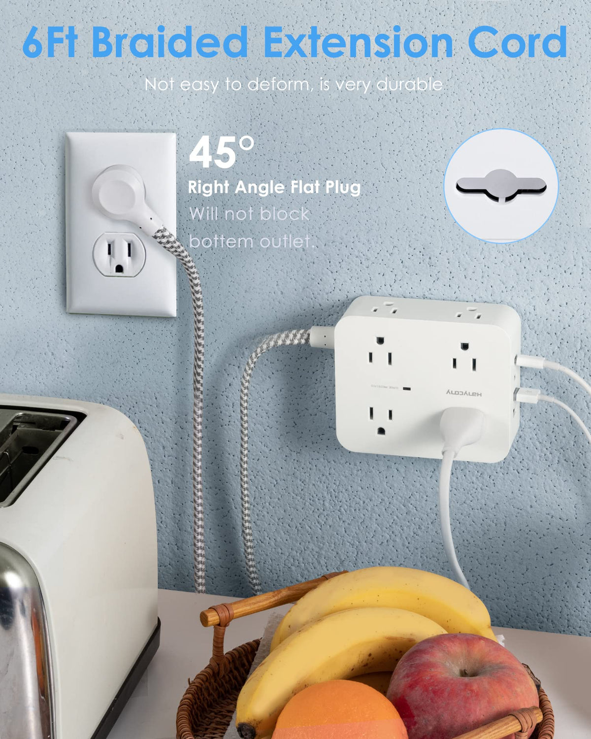 HANYCONY Surge Protector Power Strip, 10 Ft Braided Extension Cord, 1080J