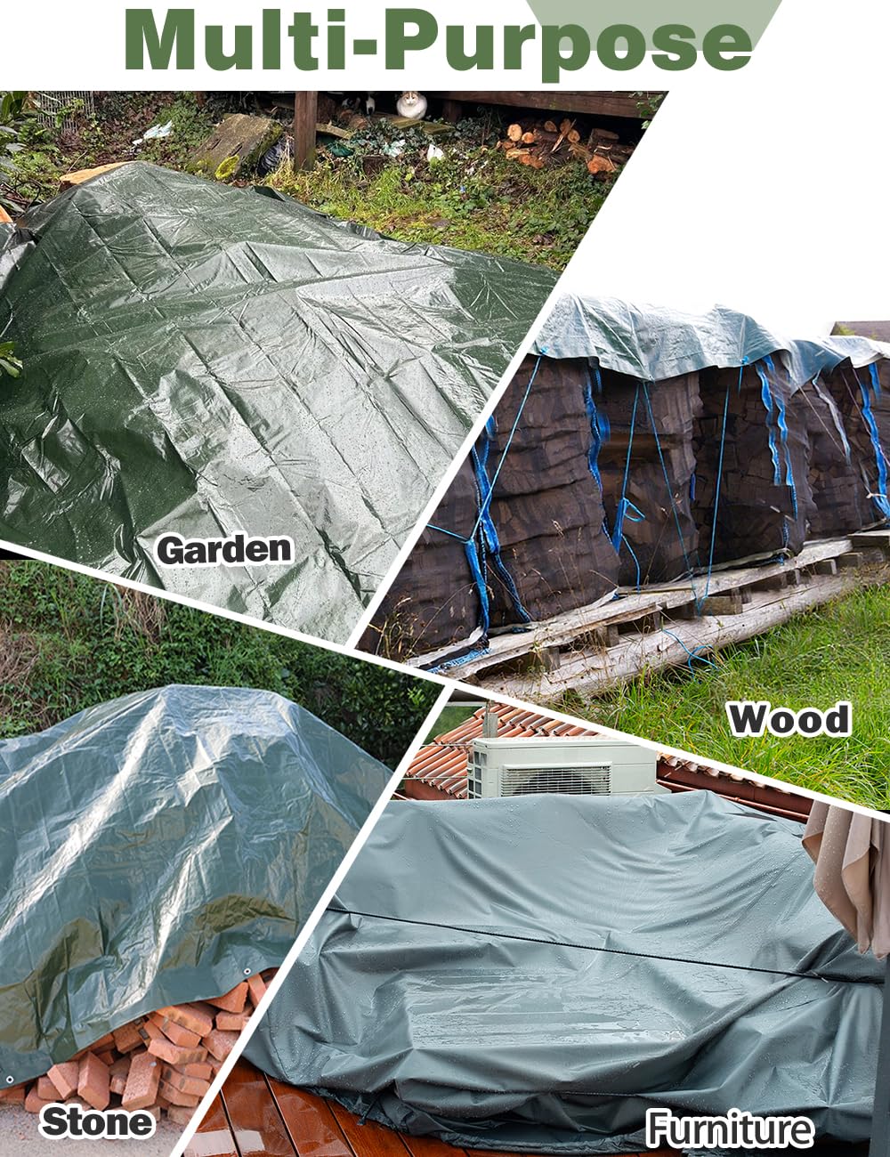 Wohohoho 120GSM Tarpaulin Waterproof Heavy Duty, 4m x 4m Large Green Rainproof Tarp UV/Tear Resistant PE Tarpaulin Sheet Tent with Reinforced Eyelets, Cover for Car, Pool, Caravan, Garden Furniture