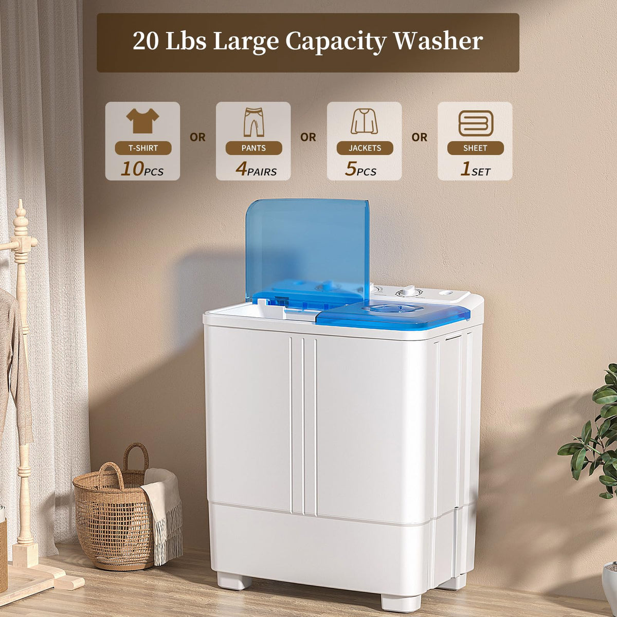 VCJ Portable Washing Machine, Twin Tub Washing Machine Laundry Compact Washer spinner Combo with 40lbs capacity, 24Lbs Washer and 16Lbs Spinner dryer for Apartments RVs and Dorms