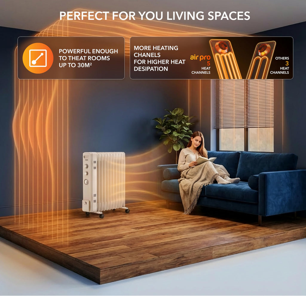 Air Pro Oil Filled Radiator 2500W with Thermostat & 24h Timer – 11 Fin Portable Electric Heater 3 Heat Settings, Overheat & Tip-Over Protection, Quiet for Home, Office and Any Room Radiator on Wheels
