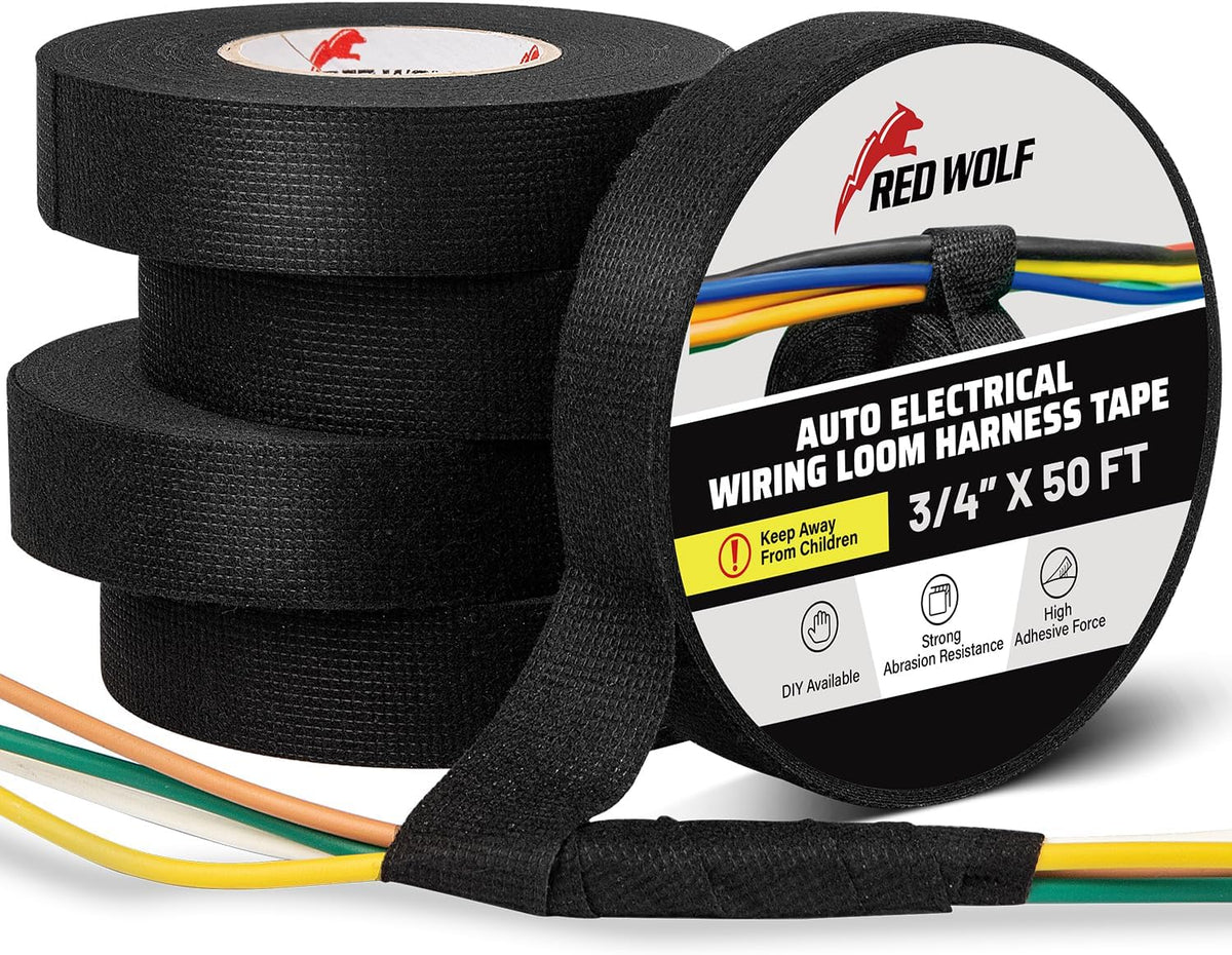 RED WOLF Wiring Harness Tape High Temp Wire Cable Loom Self-Adhesive Fabric Tape for Electrical Automotive Engine Harness Wrap Protection Noise Damping Cables Fixed 3/4 Inch x 50 FT 5 Rolls