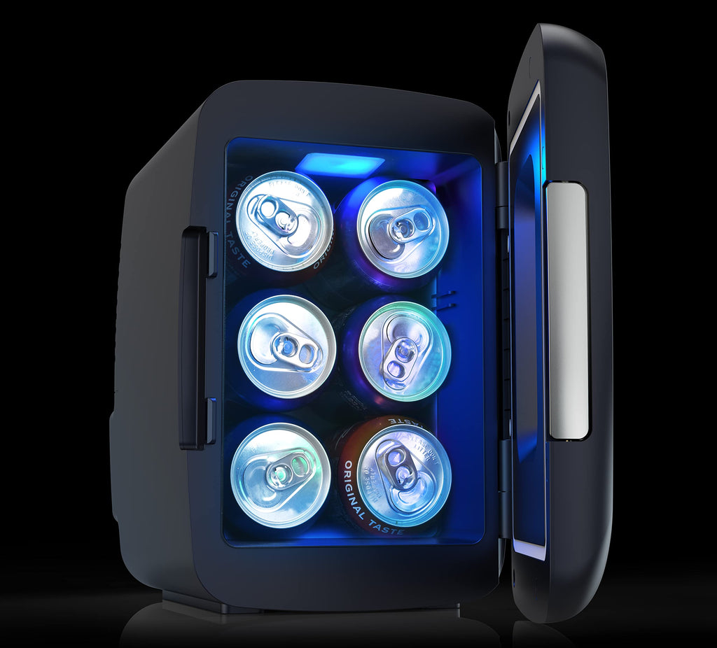 Frigidaire Gaming Light Up Mini Beverage Refrigerator, 6 can, 4 liters, Cooler with large see through door and LED lights Perfect for Gaming Experience, Home, Office, or Cars.12V Charger (Blue)