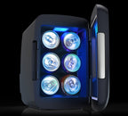 Frigidaire Gaming Light Up Mini Beverage Refrigerator, 6 can, 4 liters, Cooler with large see through door and LED lights Perfect for Gaming Experience, Home, Office, or Cars.12V Charger (Blue)
