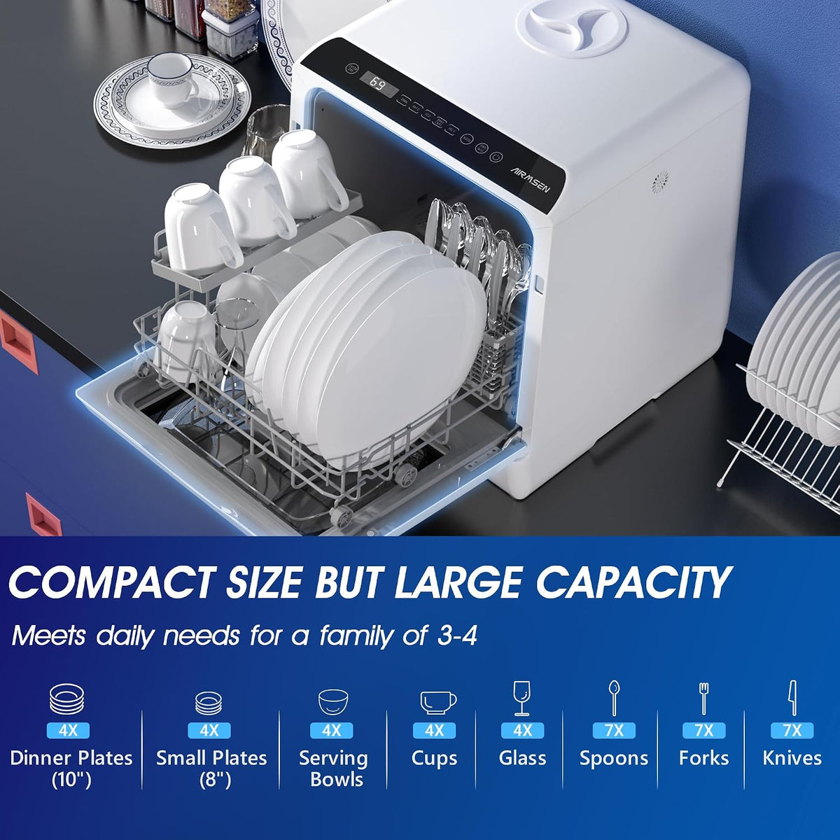 AIRMSEN Portable Countertop Dishwasher, No Hookup Needed