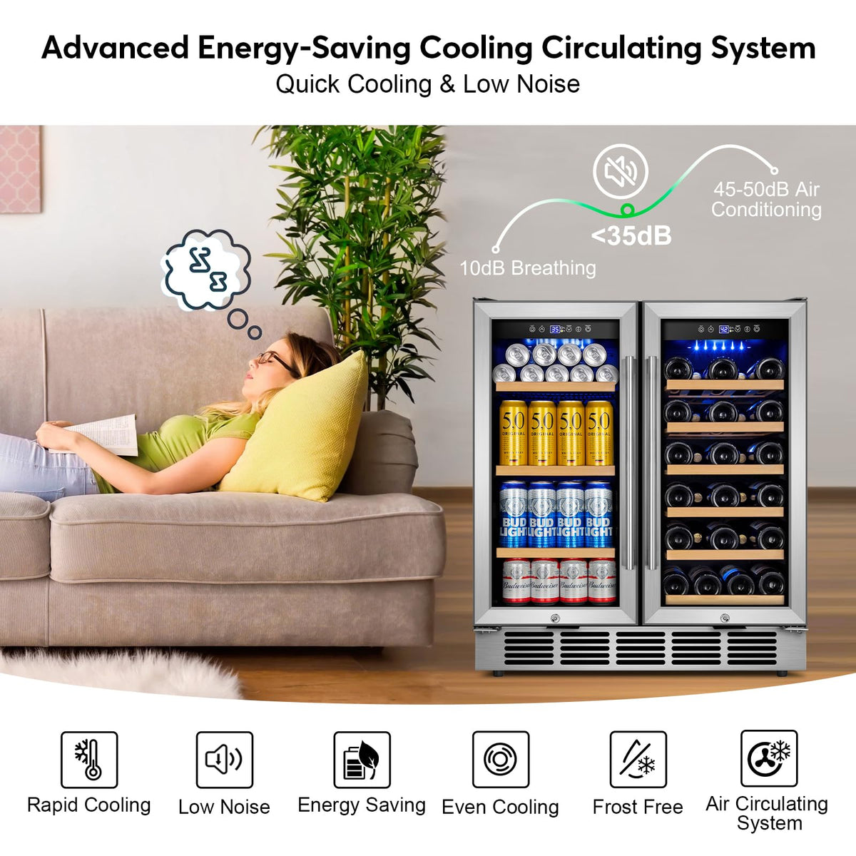 24" Dual Zone Wine and Beverage Refrigerator, Under Counter with Glass Door