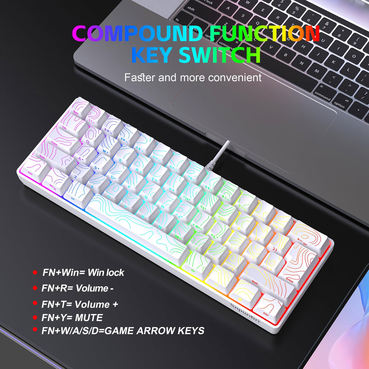 Snpurdiri 60% Wired Mechanical Gaming Keyboard, Ice Blue LED Backlit 61 Keys Mini Wired Office Keyboard for Windows Laptop PC Mac (Black-White, Red Switches)