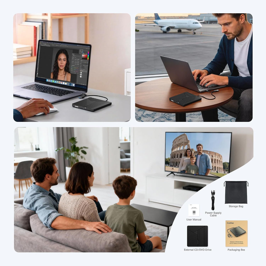 Rioddas External USB-C 3.0 CD/DVD Drive Burner +/-RW, Ultra-Slim Portable DVD Player Writer Reader for Windows 11/10/8 Linux, Laptop Desktop PC Mac iMac MacBook
