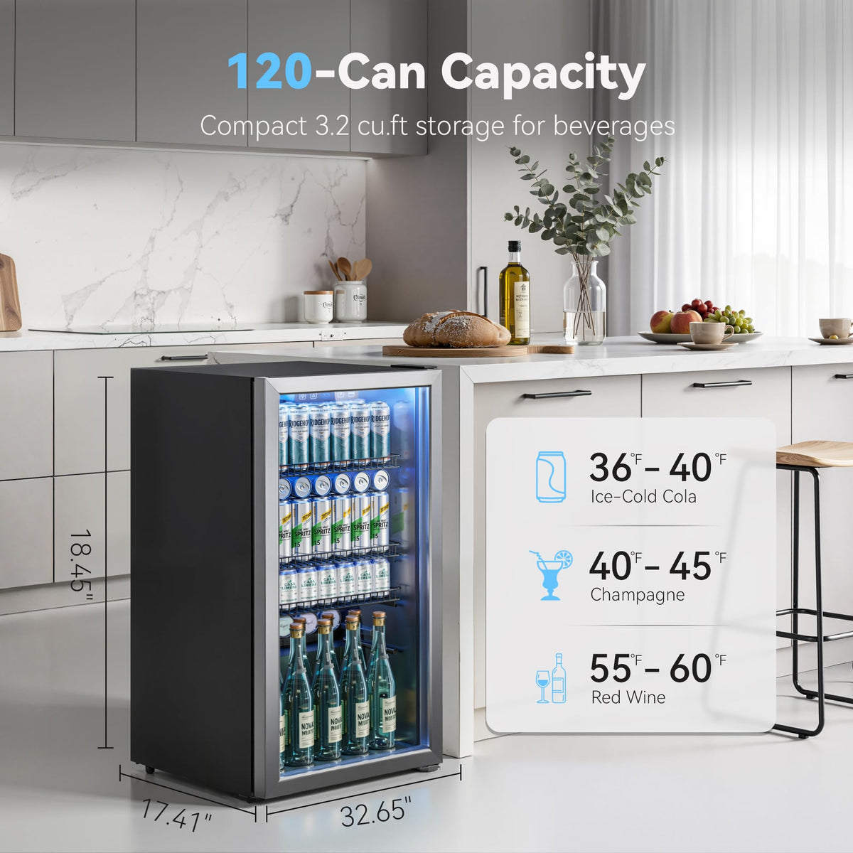 130 Can Beverage Refrigerator, 3.2 Cu.ft Fridge, Glass Door