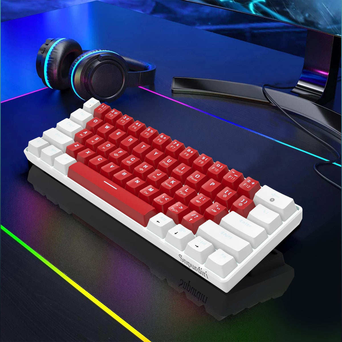 Snpurdiri 60% Wired Mechanical Gaming Keyboard, Ice Blue LED Backlit 61 Keys Mini Wired Office Keyboard for Windows Laptop PC Mac (Black-White, Red Switches)
