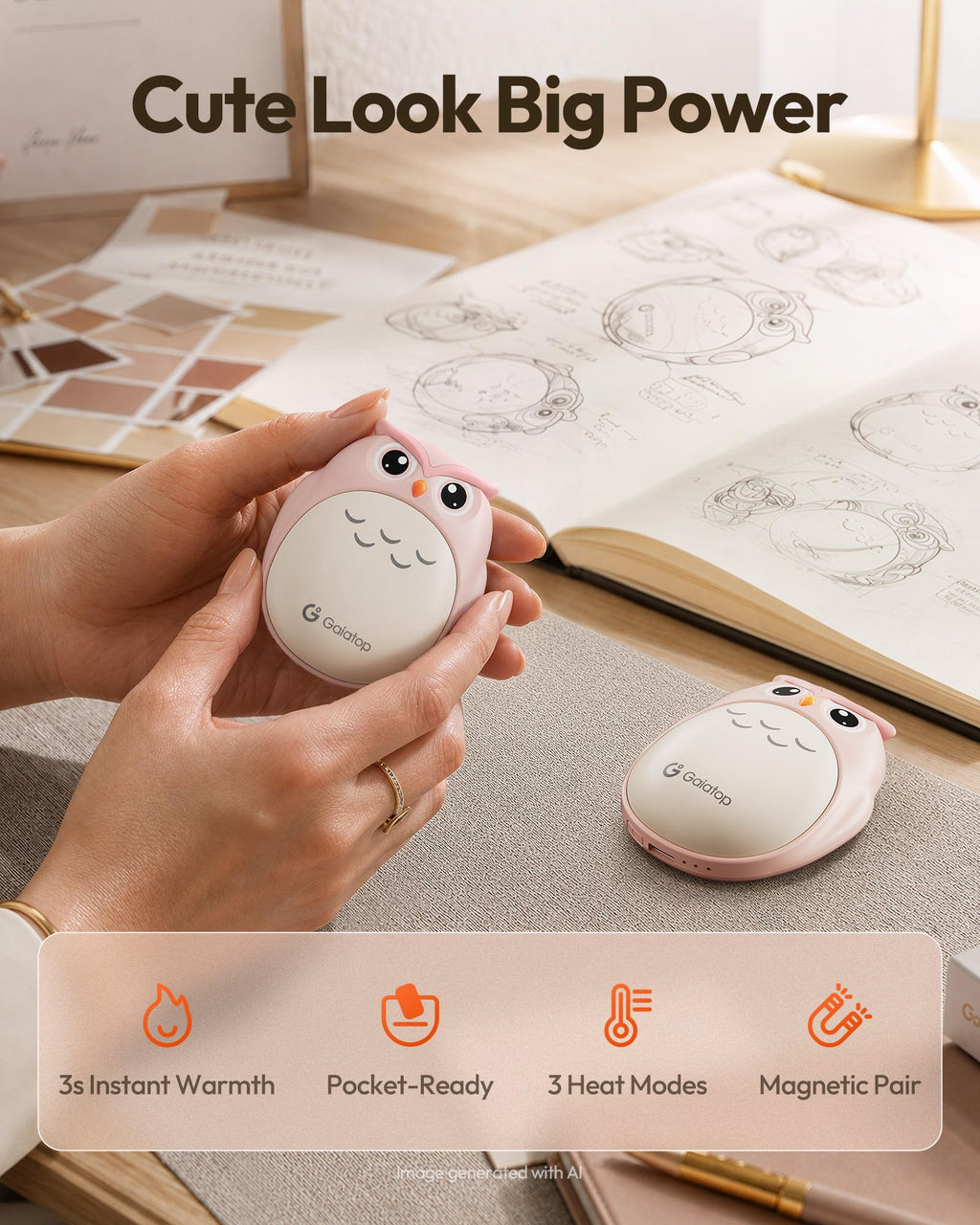 Gaiatop Rechargeable Hand Warmers 2 Pack, Cute Owl Handwarmers