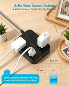 10 Ft Extension Cord, Flat Power Strip with 4 Outlets 4 USB Ports (2 USB C)
