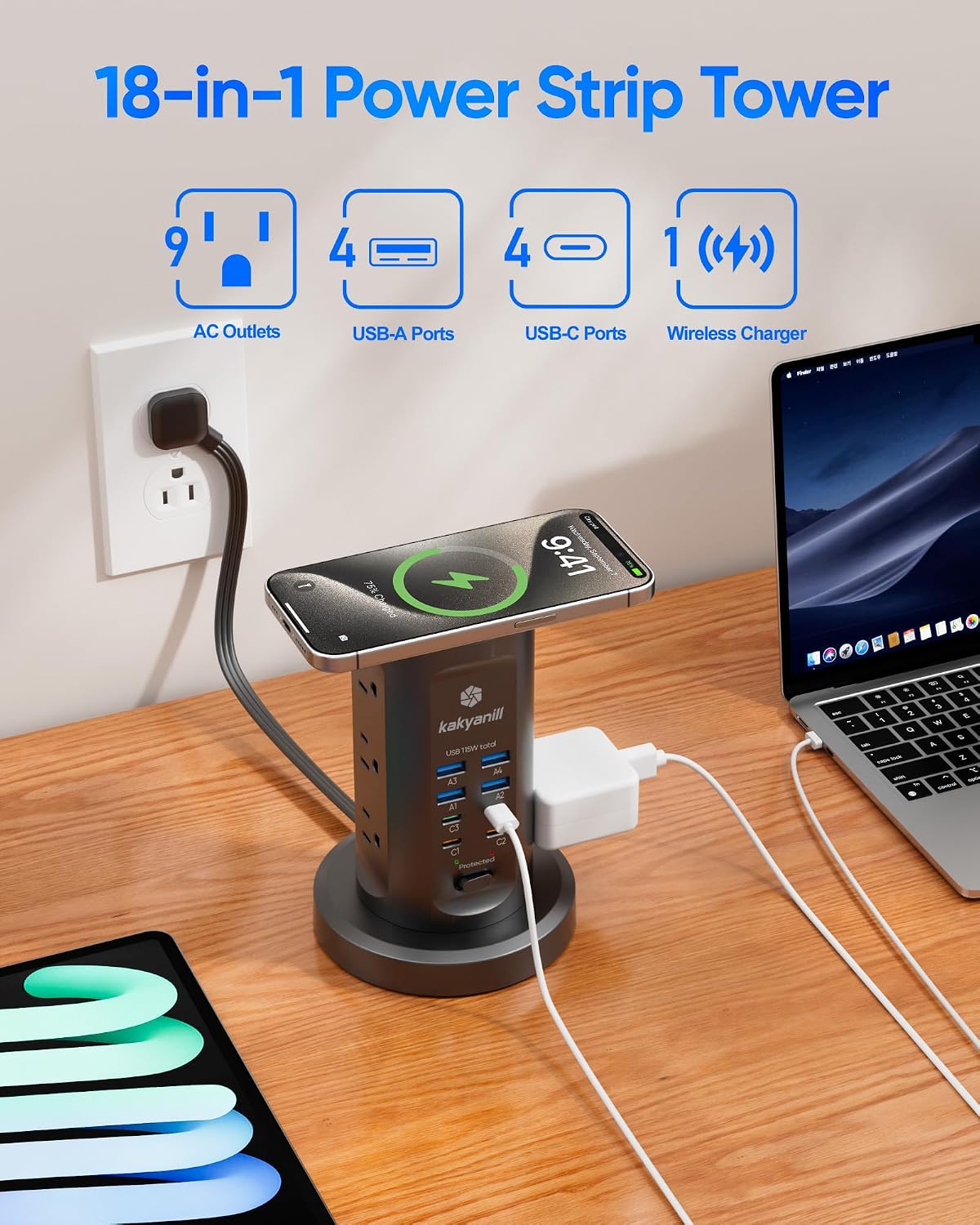 Power Strip Tower, kakyanill PD 65W Charging Station 9 AC Outlets 8 USB