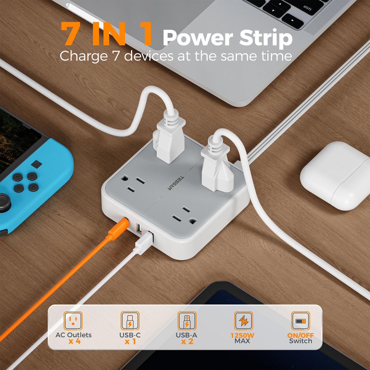 TESSAN PD 20W Surge Protector Extension Cord 5Ft, Flat Plug Power Strip