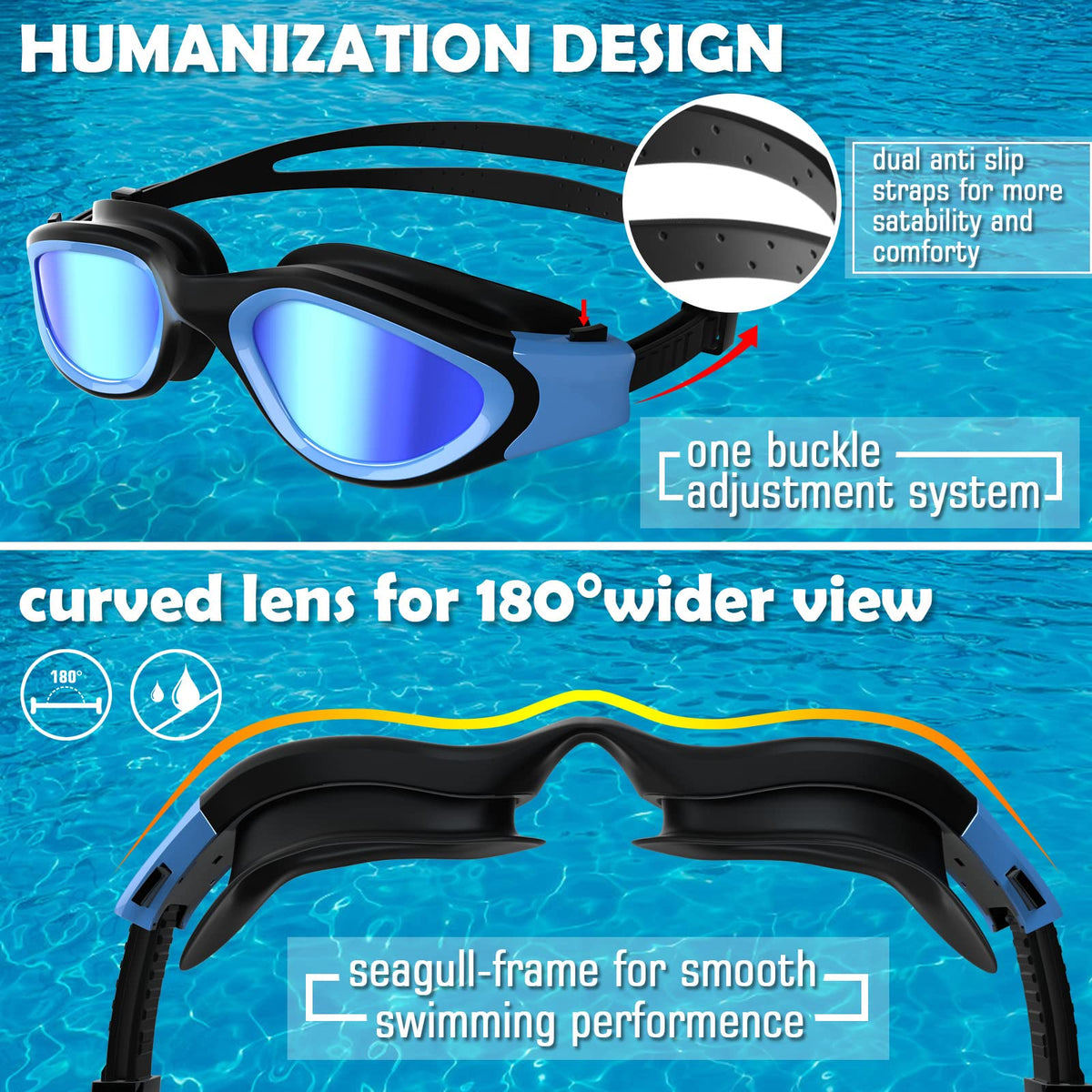 Winline Adult Swimming Goggles,Open Water Goggles Swimming Anti Fog UV Protection No Leakage Clear Vision Easy to Adjust for Adults Men Women Teenagers