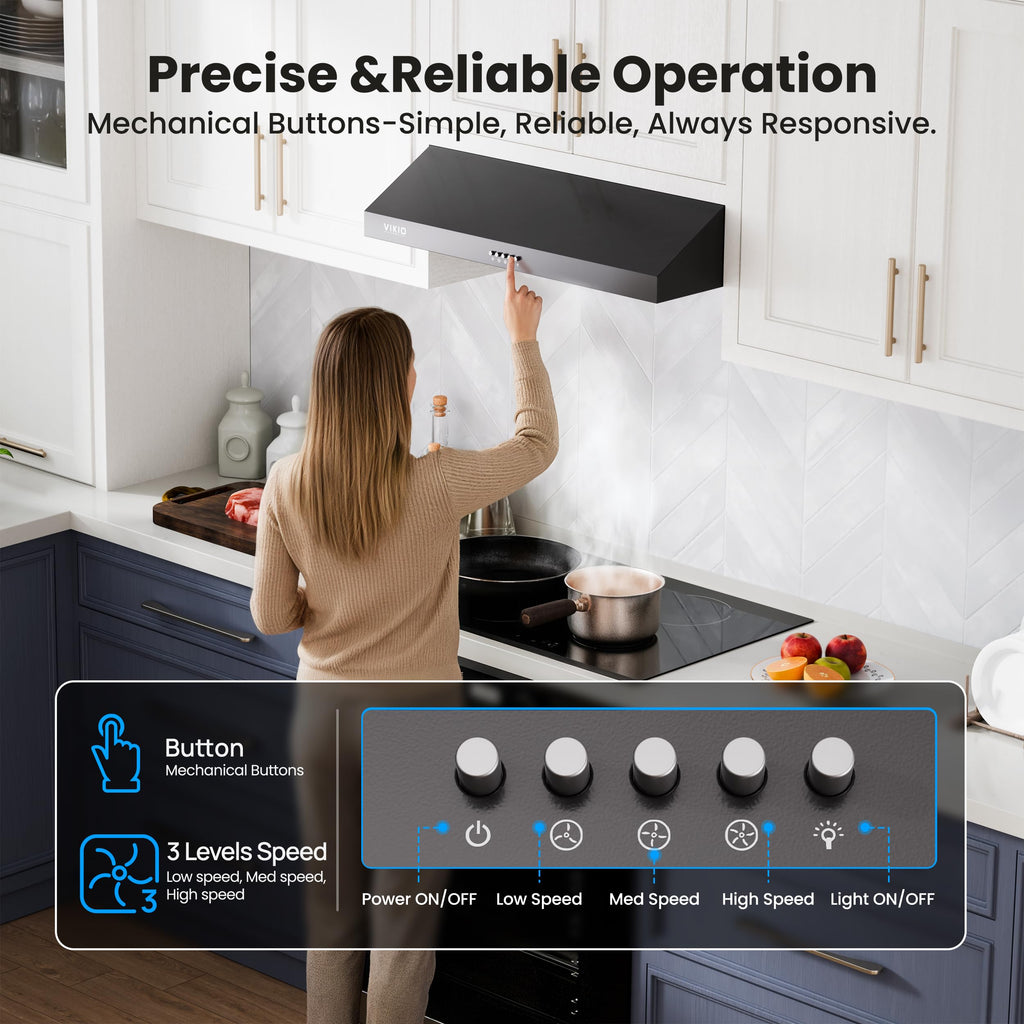 VIKIO HOME Under Cabinet Range Hood 30 Inch, 1200 CFM Dual-Motor Kitchen Vent with LED Lights, Button Control, Ducted Stainless Steel Vent Hood, Reusable 5-Layer Aluminum Filters, Black