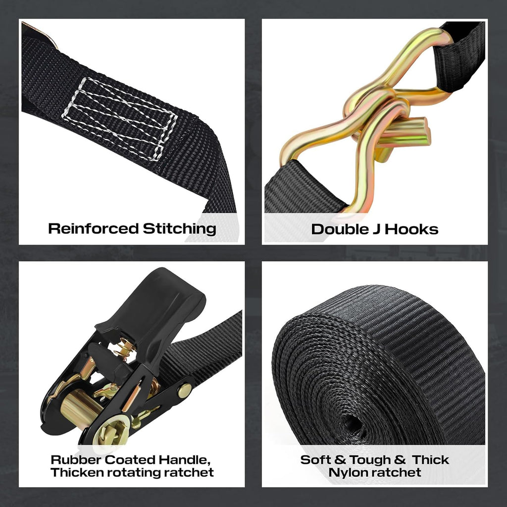 Ratchet Straps with Hook, 6M x 25MM, Heavy Duty, 4 Pack/Black