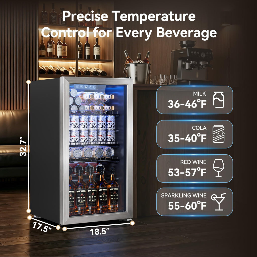 2.5 Cu.Ft Beverage Fridge, Glass Door Mini Fridge, Silver, 96 Can