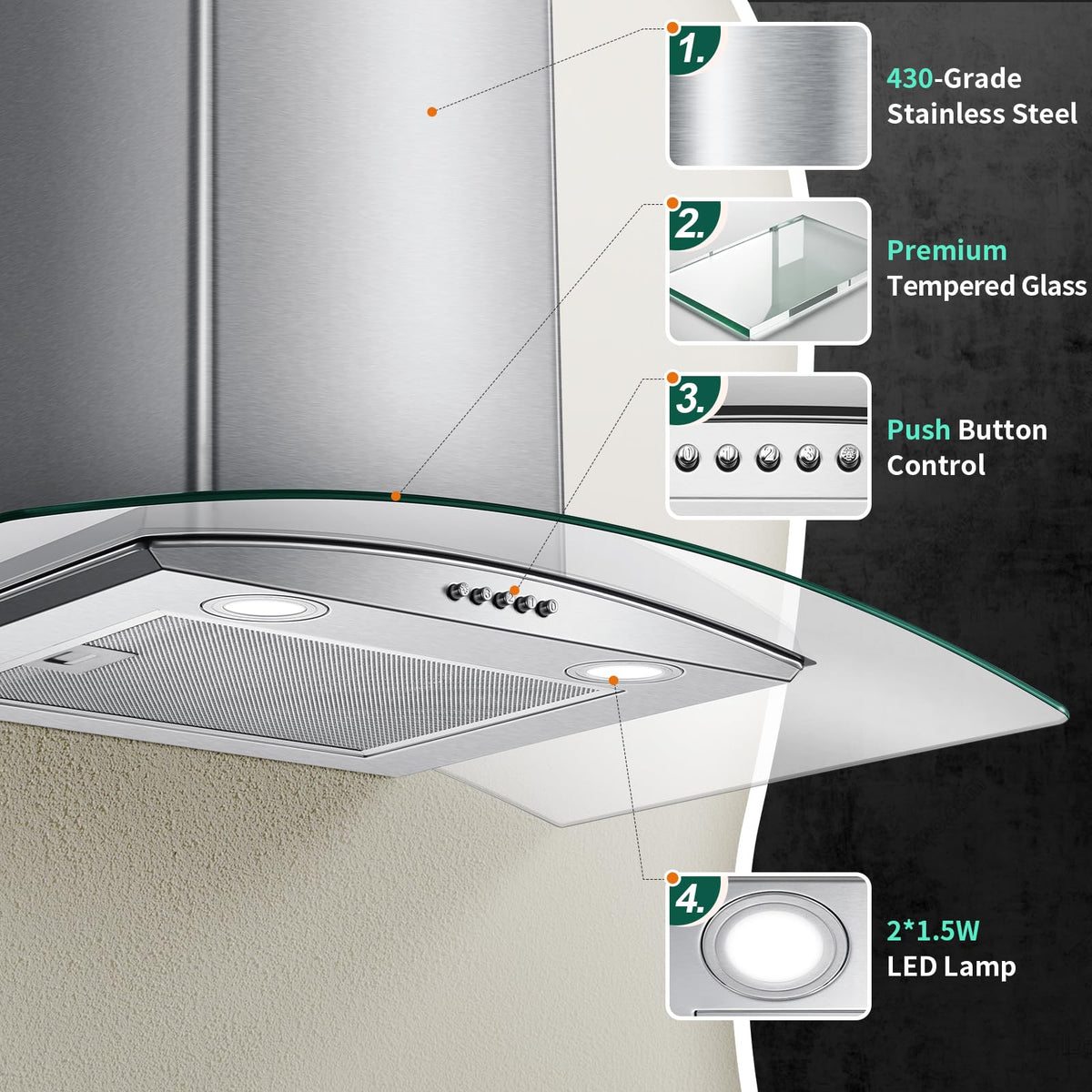 Tieasy Range Hood 30 Inch, 450 CFM Wall Mount Kitchen Hood with Ducted/Ductless Convertible Stainless Steel Filter Range Hoods 3-Speed Touch Control LED Lights