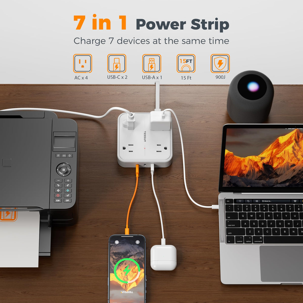 TESSAN PD 20W Surge Protector Extension Cord 5Ft, Flat Plug Power Strip