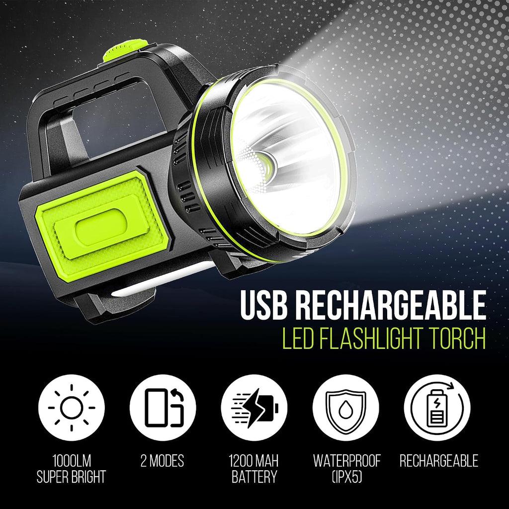 Ultra-Bright LED Rechargeable Torch – 1000LM Handheld Flashlight 1200mAh, 2 Modes, Compact & Waterproof (IPX5) – Perfect for Camping, Outdoor Activities & Emergency Use