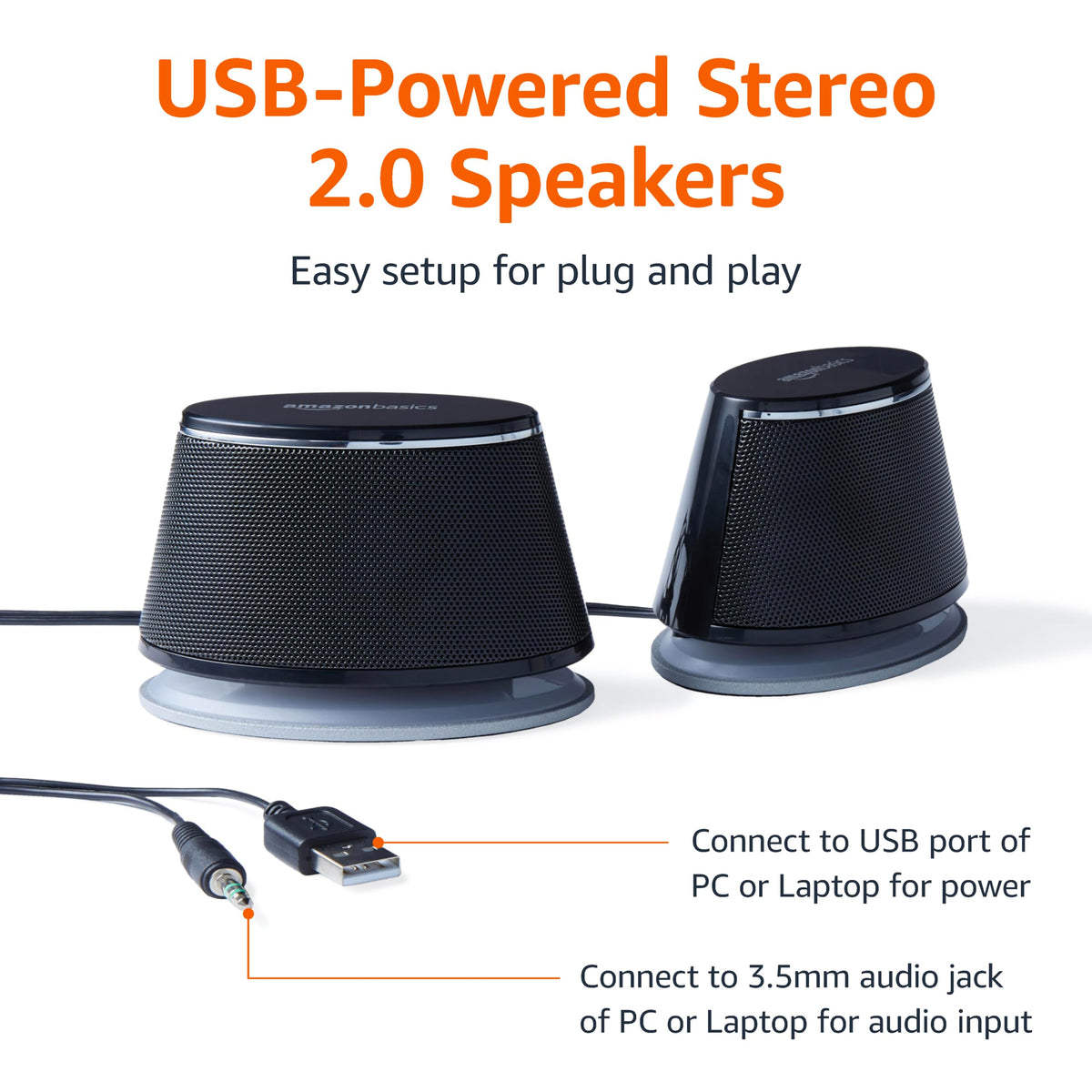 Amazon Basics PC Speakers for Desktop or Laptop, 3.5mm Aux, USB-Powered, Silver