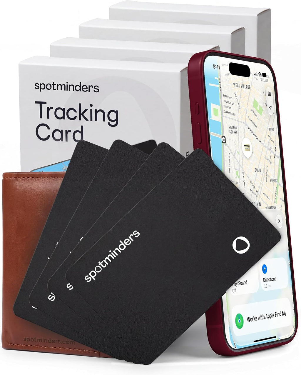 SPOTMINDERS Apple MFi Certified Wallet Tracking Card Black 4-Pack Travel Gifts for Him Works with Apple Find My Rechargeable Tracker IP68 Waterproof 0.07" Slim iPhone Item Finder for Luggage Passport