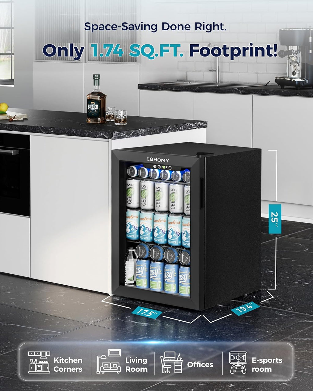 EUHOMY 24 Can Mini Fridge, 18L Beverage Refrigerator with Quiet Compressor