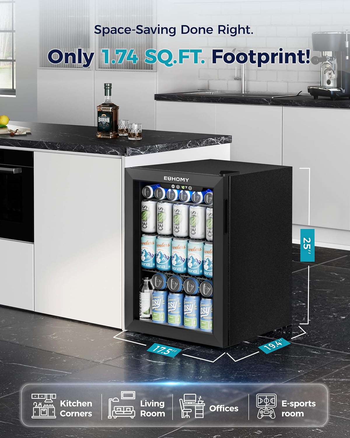 EUHOMY 24 Can Mini Fridge, 18L Beverage Refrigerator with Quiet Compressor