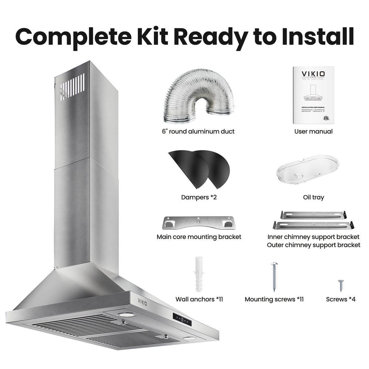 VIKIO HOME 36 Inch Wall Mount Range Hood 580CFM Low Noise Touch Control