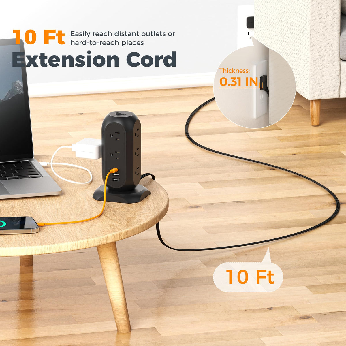TESSAN Tower Power Strip Flat Plug with 1050J Surge Protection, 6 Ft, Black
