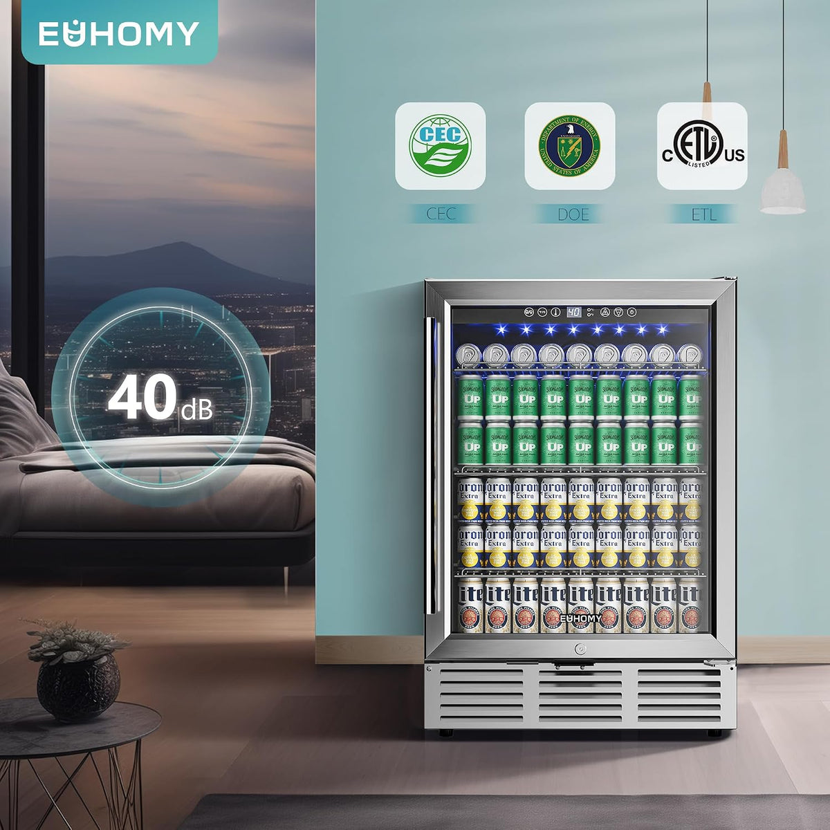 EUHOMY 24 Can Mini Fridge, 18L Beverage Refrigerator with Quiet Compressor